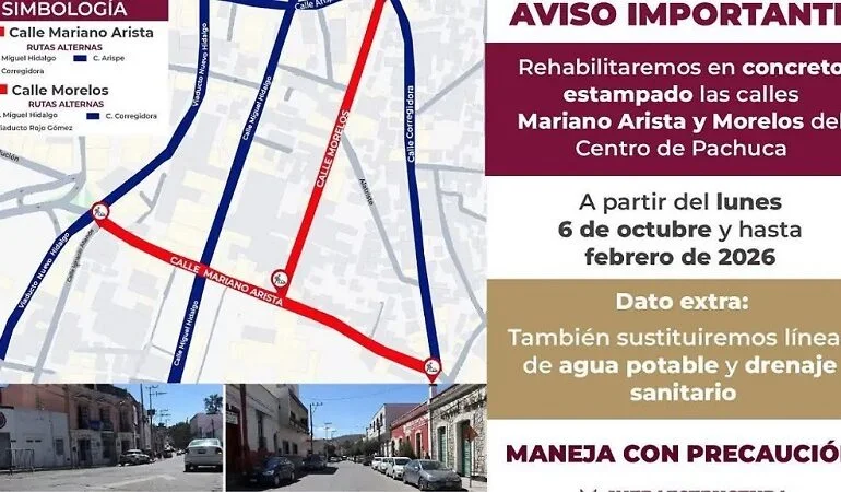 Rehabilitan calles Arista y Morelos